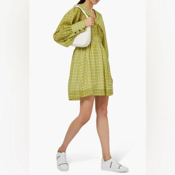 Ganni Yellow Green Point Collar Checked Long Sleeve Mini Dress Size 8 NWT - Picture 3 of 10